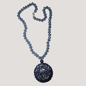 Large Beaded Necklace 925 Intricate Pendant Gemstones Blue Sparkle Crystal Glas